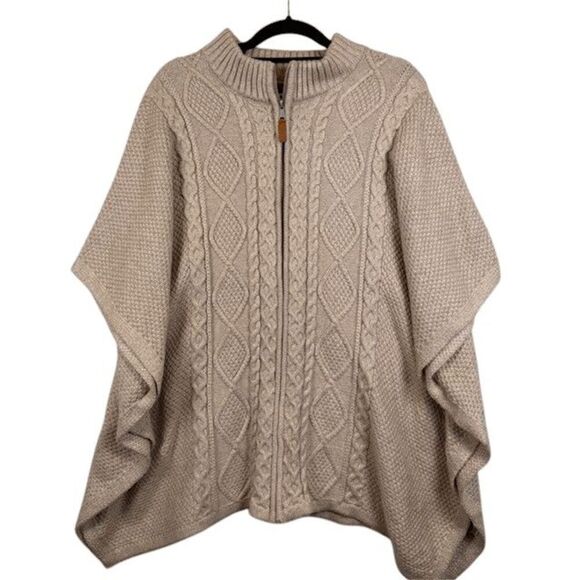 Cupcakes & Cashmere Full Zip Cable Knit Poncho Stand Collar Beige Tan Size M/L - Picture 1 of 9